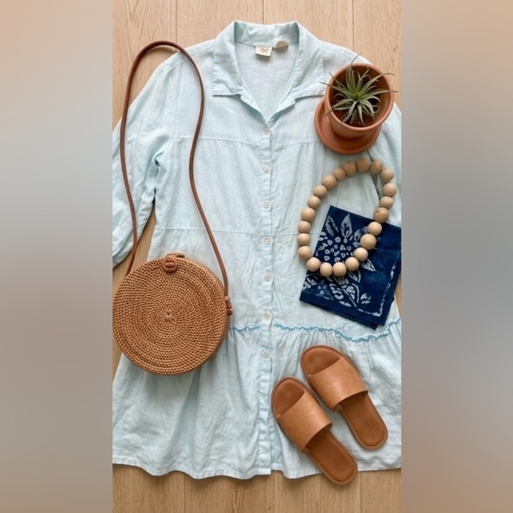 LA BLEND Bali Vintage 100% Linen Light Blue Ruffle Tunic Dress XL Coastal Boho - Picture 5 of 14